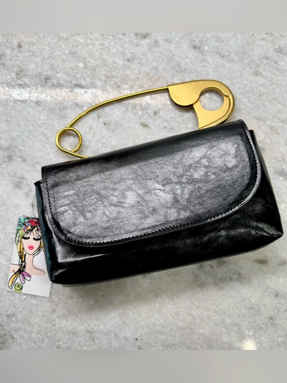 New Black Faux Leather Jumbo Safety Pin Crossbody Clutch Purse w/ Chain Strap